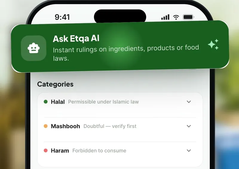 The Etqa home screen with the Ask Etqa AI card at the top, above the categories halal, mashbooh and haram. The card reads: instant rulings on ingredients, products or food laws.