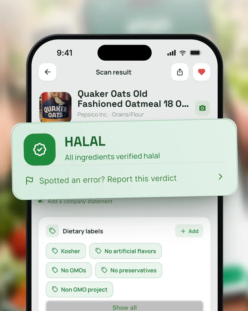 The Etqa scan result for Quaker Old Fashioned Oats: a green card reads Halal, all ingredients verified halal.