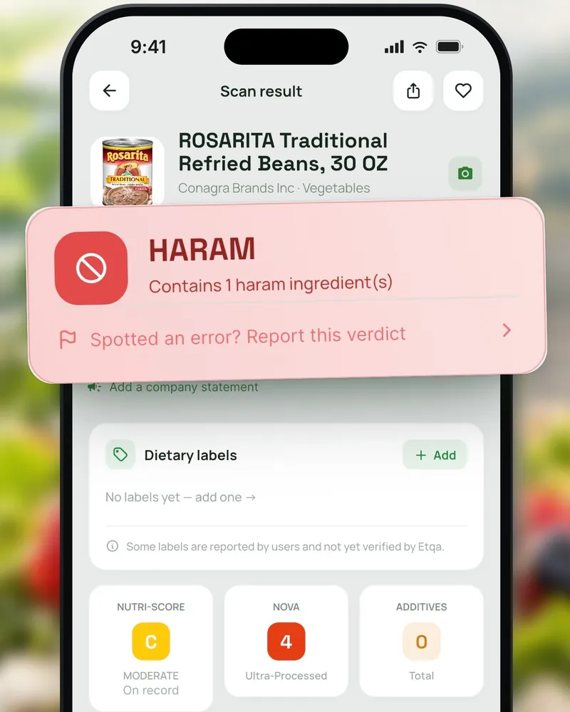 The Etqa scan result for Rosarita Traditional Refried Beans: a red card reads Haram, contains 1 haram ingredient.