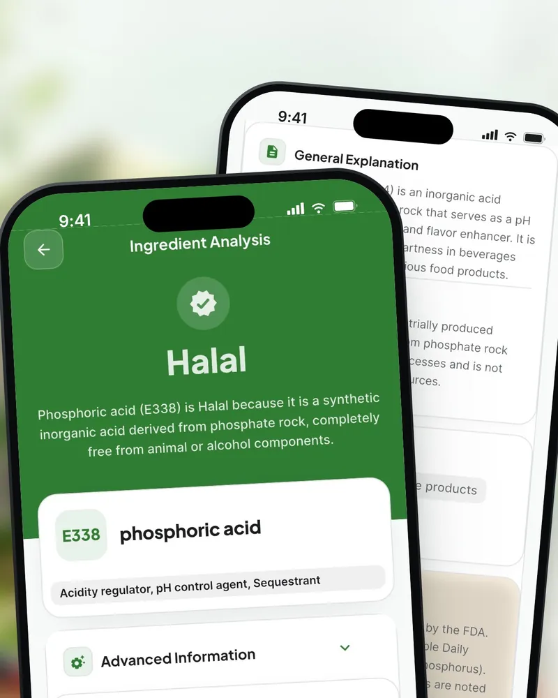 The Etqa ingredient analysis for phosphoric acid, E338: classified halal, with the reason and its functions as acidity regulator and sequestrant.