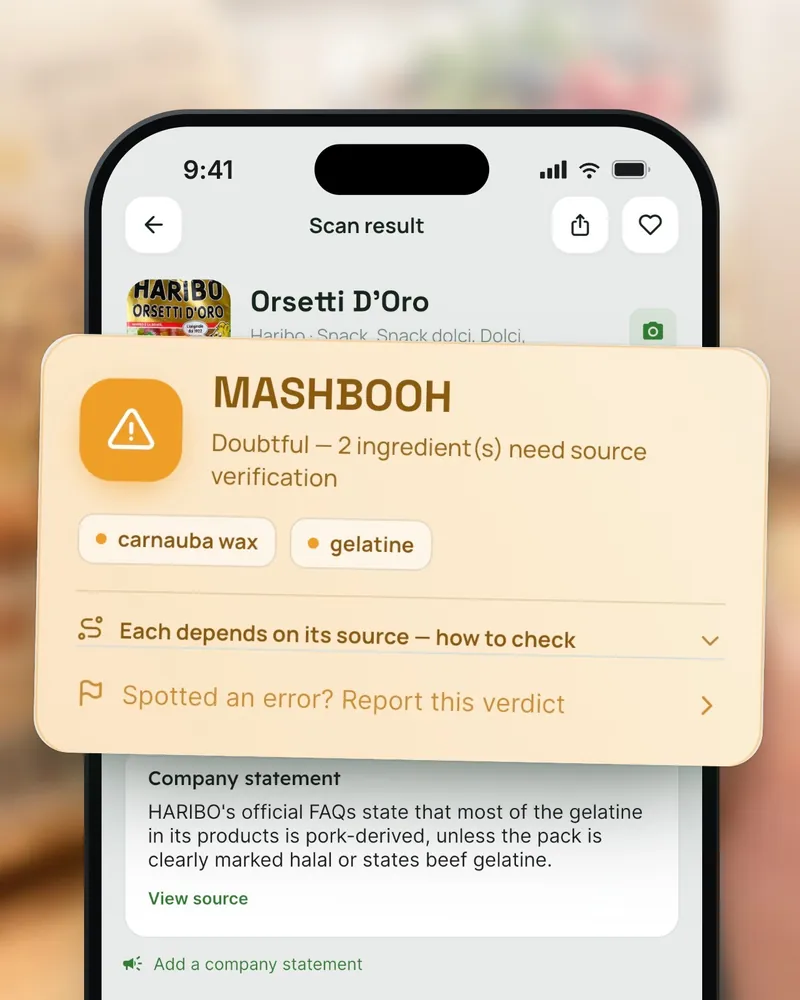 The Etqa scan result for Haribo Orsetti d’Oro: an amber card reads Mashbooh, doubtful, 2 ingredients need source verification, and lists carnauba wax and gelatine. A company statement about the gelatine is shown underneath.