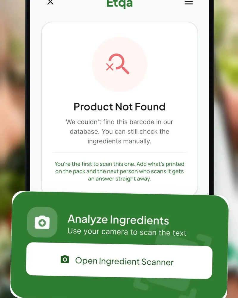 The Etqa screen for a product that was not found, with a button to open the ingredient scanner and read the ingredient text with the camera.