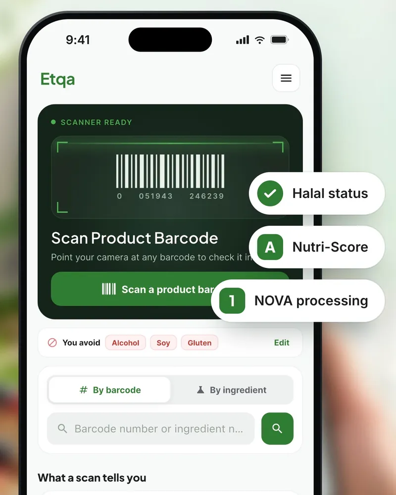 The Etqa home screen with the barcode scanner and a search field with two tabs: by barcode and by ingredient.