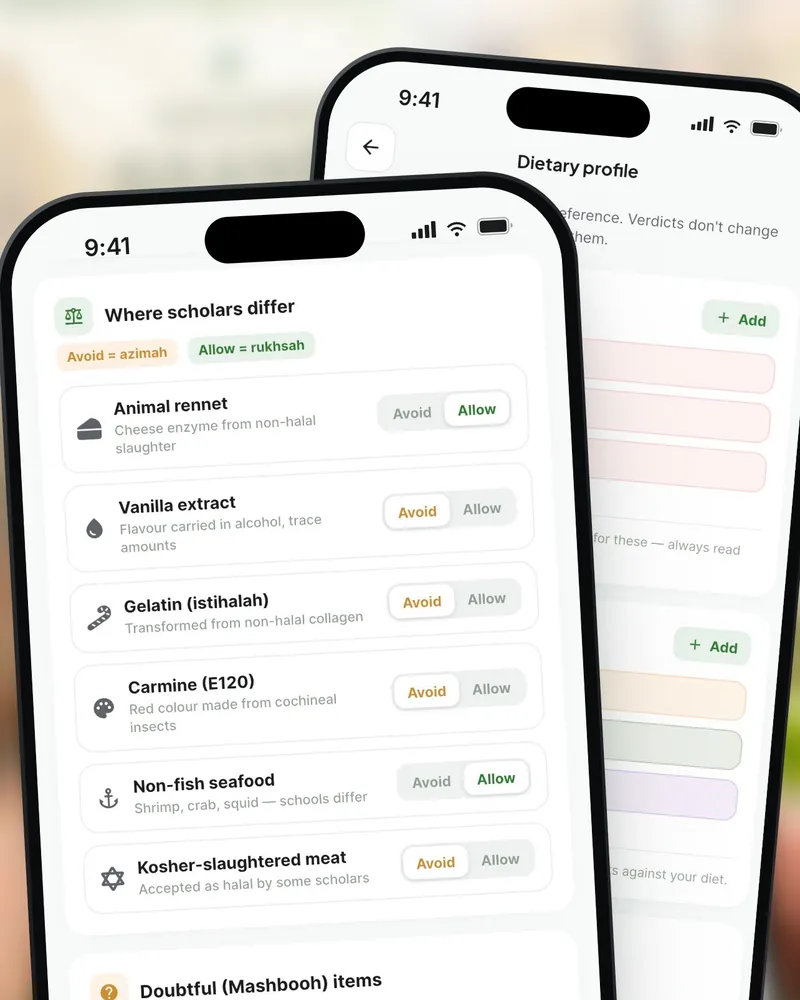 The dietary profile in Etqa, listing questions where scholars differ: animal rennet, vanilla extract, gelatine, carmine, non-fish seafood and kosher-slaughtered meat, each with avoid and allow buttons.