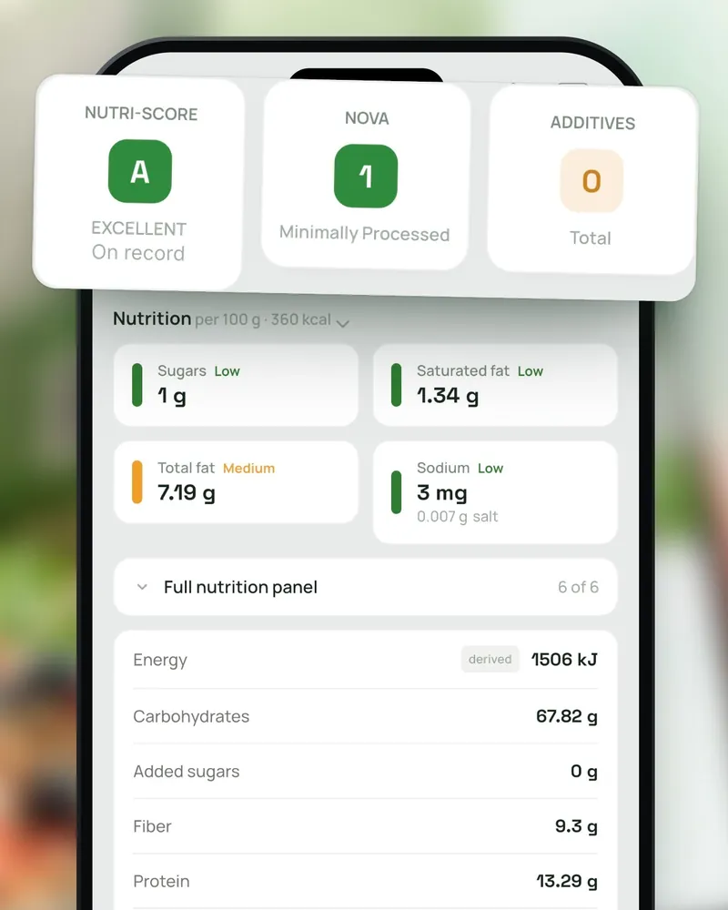 The Etqa nutrition view: Nutri-Score A, NOVA 1 and 0 additives, then sugars, saturated fat, total fat and sodium per 100 g, and the full nutrition panel with energy, carbohydrates, added sugars, fibre and protein.